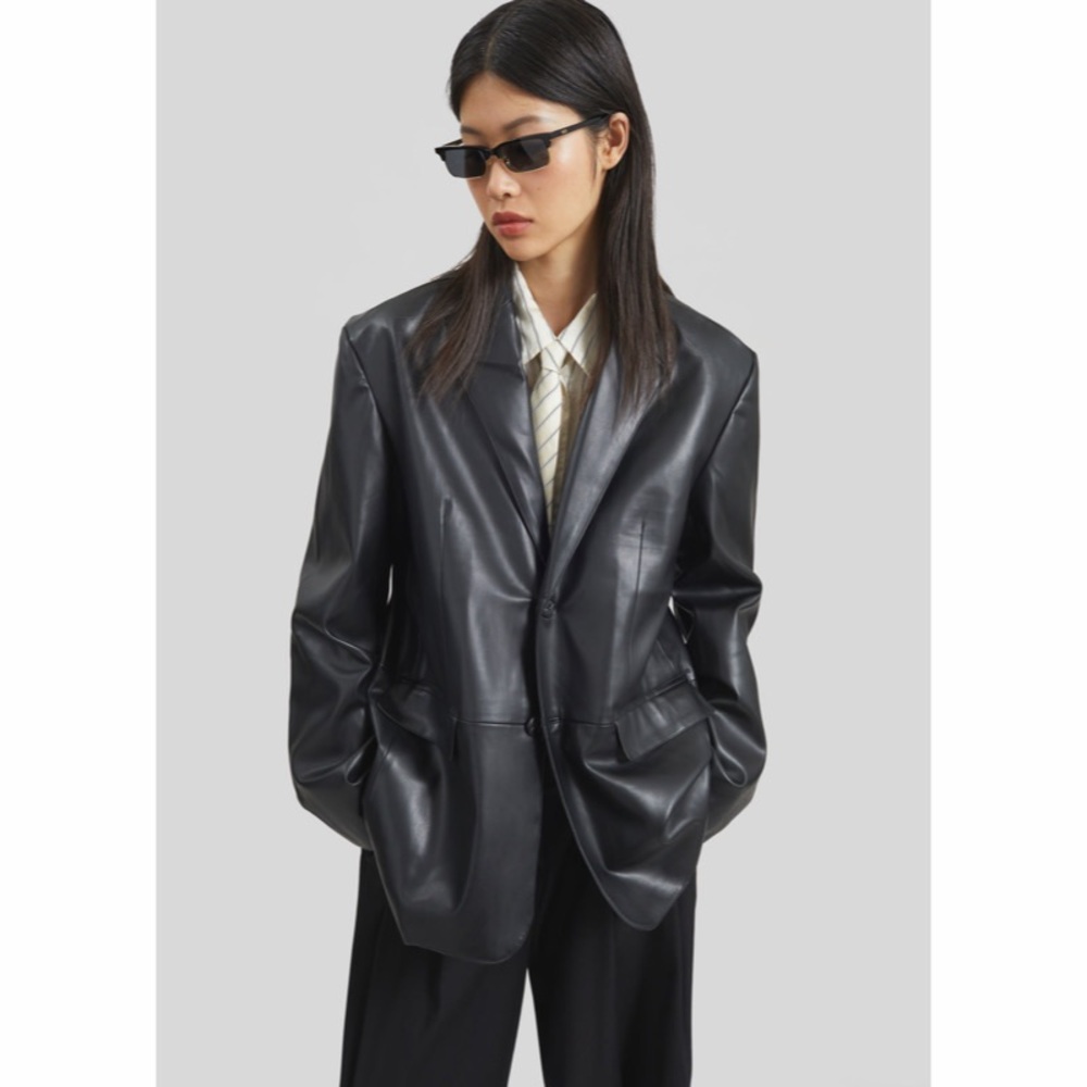 The Frankie Shop Black Faux Leather Blazer Womens Size XS / S